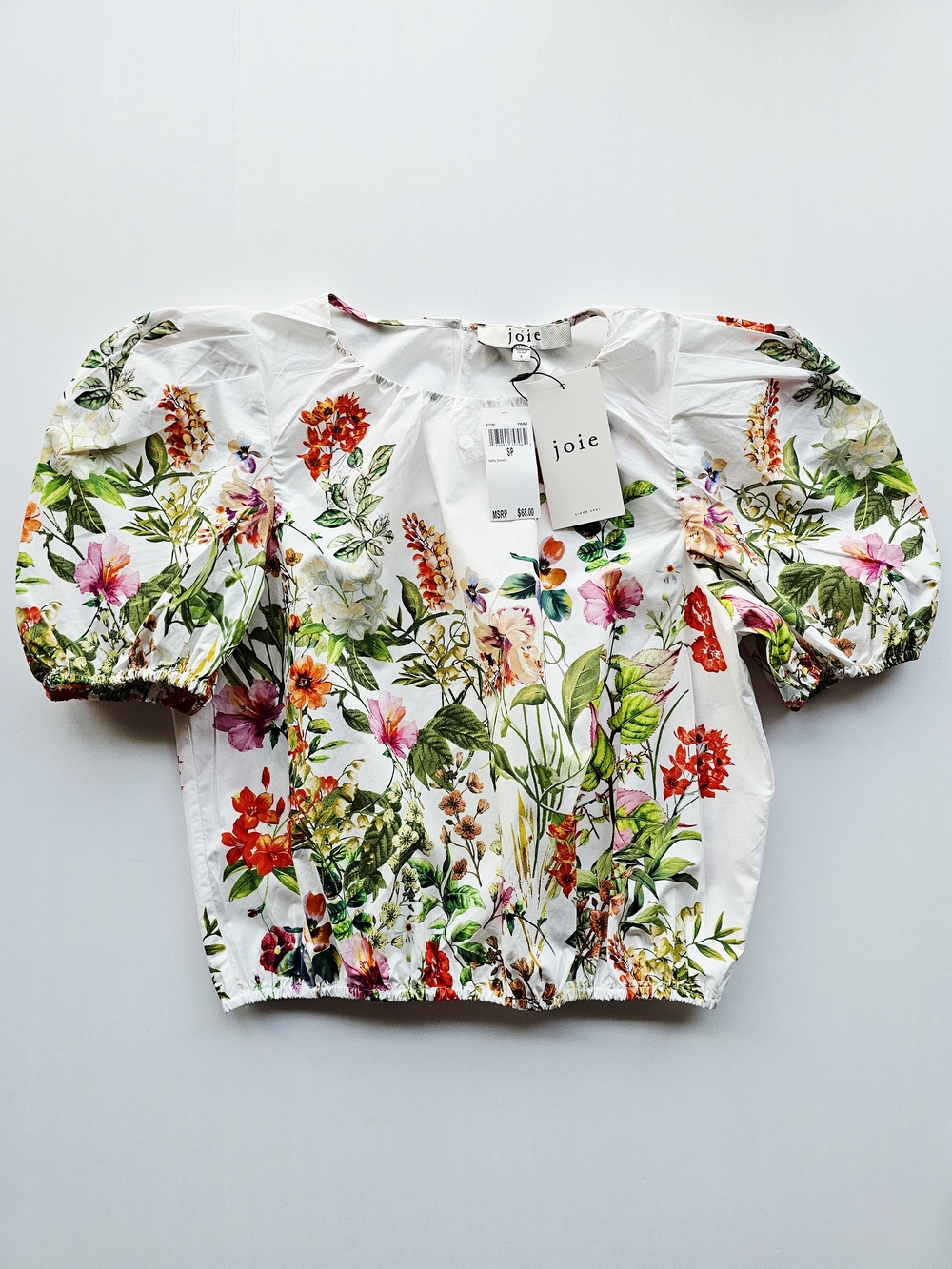 Joie White Colorful Garden Floral Puff-Sleeve 100% Cotton Crop Top NWT $68